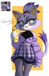 2026 5_fingers absurd_res anthro beverage black_nose blaze_the_cat bottomwear cheek_tuft clothing cute_fangs dialogue domestic_cat drinking_straw eyelashes eyewear facial_tuft fangs felid feline felis female fingers fishnet_stockings forehead_gem gem glasses hair hi_res holding_beverage holding_object legwear mammal open_mouth orange_eyes pattern_bottomwear pattern_clothing pattern_skirt plaid plaid_bottomwear plaid_clothing plaid_skirt pleated_skirt purple_hair reference_image round_glasses sega shirt short_hair skirt solo sonic_the_hedgehog_(series) spanish_text standing stockings sweater tank_top teeth text thigh_highs tobitobi90 topwear translated tuft wearing_glasses
