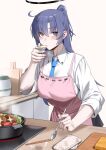  1girl apron black_halo black_skirt blue_archive blue_necktie blush breasts chopsticks cliov collared_shirt cooking cutting_board halo highres holding holding_spoon kitchen large_breasts long_hair necktie pink_apron ponytail purple_eyes purple_hair shirt simple_background skirt solo spoon stove white_background white_shirt yuuka_(blue_archive) 
