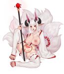  1girl animal_ear_piercing animal_ears black_sclera blush breasts colored_sclera commission demon_girl demon_horns extra_ears extra_horns eyebrows_hidden_by_hair fox_ears fox_girl fox_tail full_body highres holding holding_staff horns kitsune kyuubi large_breasts long_hair looking_at_viewer mage_staff multiple_tails nipples nontraditional_miko open_mouth original pointy_ears pubic_tattoo pussy red_eyes simple_background solo staff stirrup_legwear tail tattoo thick_eyelashes thighhighs toeless_legwear tsuchu_(opyatetalali) white_background white_hair white_thighhighs 