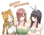  alternate_hair_color animal_costume animal_ears animal_print bare_shoulders black_hair blush breasts brown_eyes claws cleavage collarbone costume crossed_arms dress elbow_gloves erza_scarlet fairy fairy_tail fairy_wings fur_collar gloves hair_over_one_eye hair_ribbon hairband halloween happy_halloween hime_cut jewelry kagura_mikazuchi large_breasts leopard_ears leopard_print lips long_hair looking_at_viewer mashima_hiro minerva_orlando multiple_girls necklace parted_lips paw_gloves paw_pose paws pearl_necklace pointy_ears red_hair ribbon seashell_bra shiny shiny_clothes shiny_hair smile sweatdrop upper_body whiskers wings 