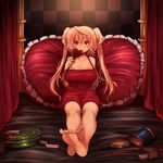  barefoot bed blonde_hair blush breasts candy chocolate chocolate_heart cleavage eating elsie-san_(oshiruko) fang feet food frilled_pillow frills heart heart_pillow large_breasts legs lollipop long_hair looking_at_viewer nightgown on_bed original oshiruko_(tsume) pillow red_eyes ribbon sitting sitting_on_bed solo tsurime two_side_up very_long_hair 