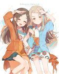  >:) 2girls :d arm_up blonde_hair blue_streaks blush bracelet brown_hair closed_eyes commentary_request gakuen_idolmaster highres holding_another's_arm idolmaster jewelry kuramoto_china long_hair looking_at_viewer michinaru_hirogaru_(idolmaster) multiple_girls open_mouth orange_eyes orange_streaks parted_bangs shinosawa_hiro smile teeth uminokaisen upper_teeth_only v-shaped_eyebrows 