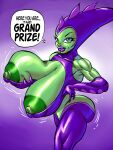 absurd_res alien areola big_breasts big_butt breasts butt clothed clothing english_text erect_nipples female goudadunn green_body green_eyes green_skin hi_res holding_breast huge_breasts lips lipstick looking_at_viewer makeup nipples ratchet_and_clank skimpy smile solo sony_corporation sony_interactive_entertainment starlene text thick_lips
