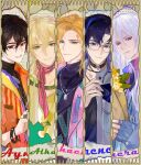  5boys alkaid_mcgrath alternate_costume aqua_eyes ayn_alwyn bag bandaid bandaid_on_face belt black_choker black_hair black_shirt blonde_hair blue_belt blue_eyes blue_hair blue_jacket border bouquet bracelet breast_pocket brown_background brown_border cael_anselm character_name chinese_commentary choker clarence_clayden closed_mouth collage_(medium) collarbone collared_shirt column_lineup commentary_request contrast_lapels crew_neck curtained_hair daisy_(flower) dog_tags drawstring earrings flower glasses gradient_clothes gradient_jacket green_eyes grey_jacket hair_between_eyes halftone hand_on_own_head hand_up high_collar highres holding holding_bouquet hood hood_down hooded_jacket jacket jewelry lapels lars_rorschach letter lined_paper long_hair long_sleeves looking_at_animal looking_at_viewer lovebrush_chronicles low_ponytail male_focus medium_hair mole mole_under_eye multicolored_jacket multiple_boys open_clothes open_collar open_jacket orange_jacket outline paper_bag parted_bangs parted_lips pendant pendant_choker pink_jacket pink_scarf pocket ponytail print_jacket purple_eyes purple_jacket red_eyes red_jacket ring scarf shirt short_hair short_ponytail sideways_glance sleeves_past_wrists smile stud_earrings sunflower torn_paper turtleneck turtleneck_shirt two-tone_jacket upper_body very_long_hair white_flower white_hair xuedaixun yellow_flower yellow_jacket 