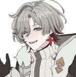  1boy ahoge black_gloves blue_eyes coat commentary_request earrings eyes_visible_through_hair fur-trimmed_coat fur_trim genshin_impact gloves gradient_hair grey_hair hair_between_eyes hair_over_one_eye highres illuga_(genshin_impact) jewelry looking_at_viewer male_focus mole mole_under_eye multicolored_hair open_mouth red_hair red_pupils s8s8_tmp scar scar_on_neck silver_trim single_earring smile solo sweater teeth turtleneck turtleneck_sweater two-tone_hair white_background 