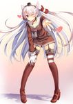  ;o amatsukaze_(kantai_collection) asymmetrical_gloves bad_id bad_pixiv_id blush brown_eyes collarbone full_body garter_straps gloves gradient gradient_background grey_hair hairband hand_on_own_knee hat heart highres hopepe jacket kantai_collection leaning_forward long_hair long_sleeves mini_hat one_eye_closed outstretched_arm red_footwear red_legwear sailor_collar school_uniform shade shoes simple_background solo standing thighhighs two_side_up very_long_hair white_gloves zettai_ryouiki zipper 