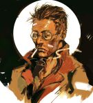  1boy bandage_on_cheek black_hair bomber_jacket cigarette closed_mouth disco_elysium frown hair_slicked_back hashtag-only_commentary highres jacket kim_kitsuragi lapels looking_to_the_side male_focus orange_jacket popped_collar portrait sideways_glance slaughtersafe smoke smoke_trail smoking solo upper_body 