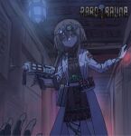  1girl 1other ascot barotrauma belt brown_ascot brown_dress brown_hair chinese_commentary coat commentary copyright_logo copyright_name cowboy_shot dark dress expressionless flat_chest frilled_dress frills from_below goggles goggles_on_head green_eyes green_ribbon green_scrunchie hair_ribbon hair_rings hand_on_railing highres holding holding_syringe_gun jitome lab_coat lapels leg_ribbon logo long_hair long_sleeves looking_at_viewer looking_down morphine_(drug) morphine_(phonetik) multicolored_hair notched_lapels open_clothes open_coat original parted_lips personification phonetik pov pov_hands ribbon scrunchie sleeves_rolled_up streaked_hair syringe_gun triangle_mouth turtleneck vial white_coat 