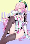  bad_id bad_pixiv_id black_legwear breasts cameltoe cleavage elbow_gloves gloves hacka_doll hacka_doll_2 long_hair looking_at_viewer medium_breasts pink_hair red_eyes smile solo tajima_ryuushi thighhighs white_gloves 