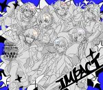  6+boys :d ;3 ;d arms_behind_head arms_up blue_background closed_mouth fang fura_kanato fura_kanato_(1st_costume) glasses greyscale_with_colored_background hair_between_eyes jacket kaisei_(1st_costume)_(nijisanji) kaisei_(nijisanji) kitami_yusei kitami_yusei_(1st_costume) male_focus multiple_boys nijisanji ninahachi one_eye_closed open_clothes open_jacket sakaki_ness sakaki_ness_(1st_costume) seraph_dazzlegarden seraph_dazzlegarden_(1st_costume) shikinagi_akira shikinagi_akira_(1st_costume) shirt smile sparkle thick_eyebrows v-shaped_eyebrows watarai_hibari watarai_hibari_(1st_costume) watermark white_background 