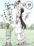  1boy 2girls ball black_hair black_shoes black_socks blue_skirt breasts carrying carrying_person child commentary_request converse crying day dress flying_sweatdrops grass hasshaku-sama hat height_difference highres japanese_urban_legends kazkitashima long_hair long_skirt medium_breasts multiple_girls outdoors park pink_shoes ponytail shoes skirt sneakers socks standing tall_female throwing translation_request tree unworn_hat unworn_headwear very_long_hair white_dress white_hat 