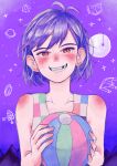 1boy alternate_eye_color antenna_hair ball blush checkered_clothes collarbone colored_skin commentary_request double-parted_bangs grin hair_between_eyes highres holding holding_ball kel_(headspace)_(omori) kel_(omori) looking_at_viewer male_focus missing_tooth msdnno_kabe omori open_mouth purple_sky red_eyes short_hair sky smile solo tank_top teeth upper_body white_skin 