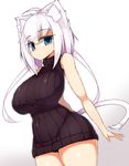  ahoge animal_ears bare_shoulders belly blue_eyes blush breasts cat_ears cat_tail covered_navel covered_nipples dress felt_whitesnow highres impossible_clothes impossible_sweater large_breasts looking_at_viewer original plump purple_hair ribbed_sweater sawati shirt short_dress short_hair_with_long_locks silver_hair sleeveless sleeveless_dress solo sweater sweater_dress tail thighs turtleneck 