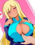  1girl 1other aqua_shirt blonde_hair blue_jacket blue_skirt blush breasts button_gap cleavage closed_mouth collared_shirt come_hither dark-skinned_female dark_skin dutch_angle furrowed_brow gyaru half-closed_eyes hand_on_another's_chest hands_on_own_chest head_tilt heart jacket large_breasts long_hair long_sleeves looking_at_viewer naughty_face original papako partially_unbuttoned pink_background pov pov_hands seductive_smile shirt sidelocks skirt smile solo_focus speech_bubble spoken_heart sweat swept_bangs tan two-tone_background unbuttoned unbuttoned_shirt upper_body very_long_hair white_background 