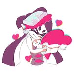  aori_(splatoon) black_hair closed_eyes commentary_request cushion detached_collar fangs food food_on_head gloves heart highres hug inoue_seita long_hair object_on_head official_art smile solo splatoon_(series) splatoon_1 upper_body white_gloves 