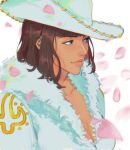  1girl artist_name black_hair blue_eyes blunt_bangs closed_mouth coat commentary cowboy_hat english_commentary falling_petals fur-trimmed_coat fur_trim hat highres looking_ahead medium_hair nico_robin one_piece petals pink_petals r0lmaa solo upper_body white_coat white_hat 