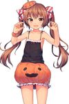  alternate_skin_color blush brown_eyes brown_hair fang flat_chest food_themed_hair_ornament hair_ornament hair_ribbon halloween halloween_costume hat highres jack-o'-lantern kantai_collection libeccio_(kantai_collection) long_hair looking_at_viewer open_mouth pumpkin_hair_ornament ribbon shone simple_background skirt sleeveless smile solo twintails white_background 