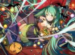  absurdly_long_hair detached_sleeves green_eyes green_hair halloween hatsune_miku highres jack-o'-lantern jewelry long_hair looking_at_viewer necklace reclining shadowsinking skirt solo thighhighs tiara trick_or_treat twintails very_long_hair vocaloid 