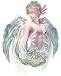  angel angel_wings bad_id bad_pixiv_id blonde_hair closed_eyes eyelashes feathered_wings feathers flower highres male_focus original plant shirtless solo wings ygg 