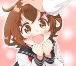  :d absurdres admiral_(kantai_collection) blush brown_eyes brown_hair clenched_hands commentary_request diamond-shaped_pupils excited hair_ornament hairclip hand_on_another's_head hand_to_own_mouth happy highres ikazuchi_(kantai_collection) kantai_collection long_sleeves looking_at_viewer looking_up neckerchief open_mouth out_of_frame petting pov pov_hands red_neckwear school_uniform serafuku short_hair smile solo_focus sparkle symbol-shaped_pupils tonari_no_kai_keruberosu 