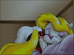  animaniacs bed bottomless clothed clothing escoria female fur half-dressed mammal minerva_mink mink mustelid simple_background solo warner_brothers white_fur 