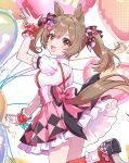  1girl animal_ears balloon bin_ze_u blush bow breasts brown_eyes brown_hair commentary_request frills hair_between_eyes hair_bow heart_balloon highres holding holding_balloon horse_ears horse_girl horse_tail korean_commentary looking_at_viewer open_mouth pink_bow pink_skirt puffy_short_sleeves puffy_sleeves purple_bow red_socks shirt short_sleeves skirt smart_falcon_(love_4ever)_(umamusume) smart_falcon_(umamusume) smile socks solo suspender_skirt suspenders tail twintails umamusume white_shirt wrist_cuffs 