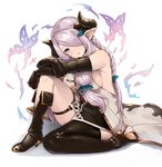  bare_shoulders black_gloves blue_eyes boots braid breasts butterfly_hair_ornament demon_horns draph elbow_gloves fingerless_gloves full_body gloves granblue_fantasy hair_ornament hair_over_one_eye highres horns large_breasts lavender_hair long_hair mismatched_footwear narmaya_(granblue_fantasy) pointy_ears pyz_(cath_x_tech) sideboob single_thighhigh solo thigh_strap thighhighs white_background 