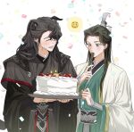  2boys :d animal_ears asymmetrical_bangs birthday_cake black_hair black_hanfu blush cake candle chinese_clothes closed_eyes commentary_request confetti covering_own_mouth cowboy_shot curled_fingers curtained_hair dog_boy dog_ears dog_tail emoji flushed_face_emoji food green_eyes green_hanfu hair_between_eyes hair_over_one_eye half_updo hand_fan hanfu highres holding holding_fan holding_tray korean_commentary layered_sleeves long_hair long_sleeves looking_at_food luo_binghe male_focus multiple_boys parted_bangs qwert021600 renzha_fanpai_zijiu_xitong ribbon ribboned_xiao_guan robe shen_qingqiu smile spoken_emoji strawberry_cake tail tray white_background white_ribbon white_robe wide-eyed wide_sleeves 