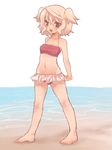  :d bad_proportions barefoot beach bikini bikini_skirt blonde_hair blush breasts elsie-san_(oshiruko) fang navel open_mouth original oshiruko_(tsume) red_bikini red_eyes small_breasts smile solo swimsuit two_side_up younger 