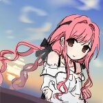  1girl belt bianyuanmei black_belt black_bow black_ribbon blue_sky bow bra_strap brown_eyes chinese_commentary closed_mouth cloud collarbone commentary commentary_request crossed_arms floating_hair frilled_shirt frilled_sleeves frills hair_bow hair_intakes hair_ribbon happy highres infinity_nikki long_hair long_sidelocks long_sleeves looking_at_viewer low_twintails nikki_(nikki) nikki_(series) ocean off-shoulder_shirt off_shoulder outdoors perfect_start_(infinity_nikki) pink_hair puffy_long_sleeves puffy_sleeves ribbon shirt sidelocks sky sleeves_past_wrists smile solo sun tress_ribbon twintails untranslatable_commentary upper_body very_long_hair wavy_hair white_shirt wind 