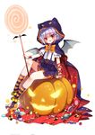  alternate_costume animal_hood arm_ribbon bad_id bad_pixiv_id bat_wings blue_hair blush bow brooch candy cat_hood cloak cookie fang food full_body halloween halloween_costume highres hood jack-o'-lantern jewelry jiji_(381134808) lollipop looking_at_viewer mary_janes open_mouth red_eyes remilia_scarlet ribbon shoes short_hair simple_background sitting smile solo striped striped_legwear touhou white_background wings wrist_cuffs 