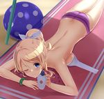  ayase_eli ball bare_back bikini blonde_hair blue_eyes bottle lotion love_live! love_live!_school_idol_project lying on_stomach one_eye_closed ponytail seirei911 solo sunscreen swimsuit 
