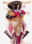  artist_name bad_id bad_pixiv_id blonde_hair bow caesar_anthonio_zeppeli candy candy_cane canto cross cross_earrings cupcake dated earrings facial_mark food green_eyes hat jack-o'-lantern jewelry jojo_no_kimyou_na_bouken male_focus necktie portrait ribbon skull solo top_hat wafer_stick 