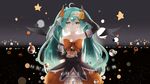  :o ahoge aqua_eyes aqua_hair backlighting bad_id bad_pixiv_id bow bowl bubble candy collarbone cowboy_shot cube detached_sleeves dress food hair_between_eyes halloween halloween_costume hand_on_head happy_halloween hatsune_miku highres k.syo.e+ lollipop long_hair long_sleeves looking_at_viewer nail_polish solo star strapless strapless_dress striped sweets trick_or_treat twintails vertical_stripes very_long_hair vocaloid 