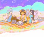  2girls 4boys alternate_eye_color animal_ears aubrey_(headspace)_(omori) aubrey_(omori) basil_(headspace)_(omori) basil_(omori) black_eyes black_hair black_tank_top blue_overalls blue_shirt brother_and_sister brothers cat_boy cat_ears cat_girl cat_tail checkered_clothes chinese_commentary closed_eyes closed_mouth commentary dog_boy dog_ears dog_tail flower flower_wreath furrification furry furry_female furry_male green_hair green_shirt head_wreath hero_(headspace)_(omori) hero_(omori) jukttgsnle9824 kel_(headspace)_(omori) kel_(omori) long_hair long_shirt long_sleeves mari_(headspace)_(omori) mari_(omori) multiple_boys multiple_girls omori omori_(omori) one_eye_closed overalls pajamas pants purple_hair purple_sky seiza shirt short_sleeves siblings sidelocks sitting sky smile striped_clothes striped_pajamas striped_pants tail tank_top vertical-striped_clothes vertical-striped_pajamas vertical-striped_pants 
