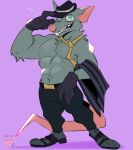  2025 abs anthro belt biceps blue_eyes bottomwear buckteeth clothing crime_city_twitch deltoids footwear fur gloves green_body green_fur handwear hat headgear headwear hi_res league_of_legends looking_at_viewer male mammal murid murine muscular muscular_anthro muscular_male necktie open_mouth open_smile pants pecs pink_background pose rat rat_tail rattykai riot_games rodent sharp_teeth shirtless shoes simple_background smile solo tail teeth tencent tipping_hat twitch_(lol) 