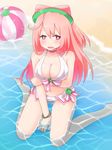  absurdres ball beachball bikini blush breast_hold breasts cleavage commentary_request hacka_doll hacka_doll_2 highres large_breasts long_hair looking_at_viewer navel open_mouth partially_submerged pink_eyes pink_hair raincandys sitting solo swimsuit wariza water wavy_mouth 