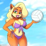 1:1 2020 absurd_res activision anthro ball bandicoot bikini black_nose blonde_hair blue_eyes breast_implants breasts clothed clothing cloud colored_nails crash_bandicoot_(series) ear_piercing ear_ring eyelashes eyeshadow female hair hand_on_hip hi_res holding_ball holding_object lipstick long_hair looking_at_viewer makeup mammal marsupial nails omegasunburst piercing ring_piercing sky smile solo swimwear tawna_bandicoot two-piece_swimsuit volleyball_(ball)
