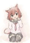  animal_ears blush brown_eyes brown_hair cat_ears cat_tail fang hair_ears hair_ornament hairclip highres ikazuchi_(kantai_collection) kantai_collection kemonomimi_mode looking_at_viewer neckerchief open_mouth paw_pose school_uniform seiza serafuku short_hair sitting skirt smile solo tail thighhighs wamu_(chartreuse) 