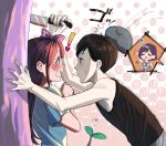  ! 1girl 2boys ? antenna_hair arm_up aubrey_(headspace)_(omori) aubrey_(omori) black_tank_top blue_shirt blush bow checkered_clothes chibi chibi_inset closed_mouth colored_skin commentary_request double-parted_bangs flying_sweatdrops hair_bow hector_(omori) highres holding holding_knife kel_(headspace)_(omori) kel_(omori) knife long_hair long_shirt looking_at_another multiple_boys omori omori_(omori) open_mouth pink_bow purple_eyes purple_hair shirt short_hair short_sleeves shorts shousan_(hno3syo) sidelocks speech_bubble spoken_question_mark sprout_mole striped_clothes striped_shorts sweatdrop t-shirt tank_top translation_request vertical-striped_clothes vertical-striped_shorts white_shorts white_skin 