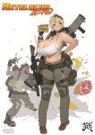  1girl absurdres ammunition_pouch artist_name assault_rifle banana bandana bare_shoulders belt black_gloves blonde_hair blush breasts brown_eyes burger chewing cleavage copyright_name crazyred crop_top curvy dog_tags ear_protection eating food fruit full_body gloves green_bandana green_pants gun hand_on_own_hip highres holding holding_burger holding_food huge_breasts kasamoto_eri looking_to_the_side meat metal_slug multiple_belts navel open_mouth pants pouch rifle rocket_launcher simple_background tank_top thigh_pouch weapon white_background white_tank_top zombie 