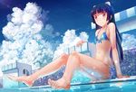  animal_ears bangs barefoot bikini black_hair blue blue_bikini blunt_bangs cat_ears condensation_trail day forfreedo full_body gokou_ruri lens_flare light_reflection_(water) long_hair mole mole_under_eye navel ore_no_imouto_ga_konna_ni_kawaii_wake_ga_nai outdoors pool poolside red_eyes side-tie_bikini sitting smile solo swimsuit water 