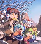  4girls animal_ears bag bare_tree black_skirt blue_bow blue_dress blue_hair bow breath brown_jacket cirno clenched_teeth closed_eyes commentary daiyousei day detached_wings dress earmuffs eating facing_viewer fairy_wings flying food frilled_skirt frills green_eyes green_hair grey_hair hair_between_eyes hair_bow hat holding holding_bag holding_food ice ice_wings inubashiri_momiji jacket long_sleeves moyazou_(kitaguni_moyashi_seizoujo) multiple_girls one_side_up open_mouth outdoors paper_bag pinafore_dress pom_pom_(clothes) red_eyes red_hat red_scarf scarf shameimaru_aya skirt sleeveless sleeveless_dress sweat taiyaki teeth tokin_hat touhou tree untranslatable_commentary wagashi wings wolf_ears wolf_girl yellow_eyes yellow_scarf 