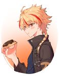  1boy absurdres arm_up black_jacket black_shirt blonde_hair blush_stickers braid chewing collared_jacket cropped_torso donut eating fate/strange_fake fate_(series) food from_side highres holding holding_donut holding_food jacket looking_to_the_side male_focus multicolored_hair nanacho09 open_clothes open_jacket popped_collar red_eyes richard_i_(fate) shirt side_braid sideways_glance solo streaked_hair white_background 