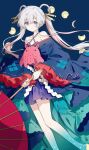  1girl bare_shoulders blue_background blue_eyes blue_kimono cho_kaguya-hime! collarbone crescent_moon criss-cross_halter frilled_sleeves frills full_moon gibbous_moon grey_hair hair_between_eyes hair_ornament hair_rings hair_stick half_moon halterneck highres holding holding_umbrella japanese_clothes kimono long_hair long_sleeves looking_at_viewer migolu moon moon_phases nail_polish new_moon octopus off_shoulder oil-paper_umbrella parted_lips purple_nails red_umbrella ribbon-trimmed_sleeves ribbon_trim runami_yachiyo short_eyebrows short_kimono sidelocks simple_background smile solo standing twintails twitter_username two-sided_fabric umbrella very_long_hair watermark wide_sleeves 