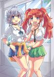  2girls :3 ahoge alternate_costume alternate_hairstyle black_choker black_necktie blue_bow blue_bowtie blue_eyes blue_skirt blush bow bowtie braid breasts choker clothes_around_waist collarbone collared_shirt colonel_aki commentary_request contemporary fang feet_out_of_frame fingernails green_nails green_skirt grey_hair gyaru hair_between_eyes hong_meiling izayoi_sakuya large_breasts long_fingernails long_hair looking_at_viewer loose_bowtie medium_breasts mesugaki_pose midriff miniskirt multiple_girls navel necktie open_mouth pink_nails pleated_skirt red_hair school_uniform scrunchie shirt short_sleeves skirt sleeves_rolled_up smile sweater sweater_around_waist thighs tied_shirt touhou twintails white_shirt wrist_scrunchie 