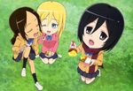  absurdres black_eyes black_hair blonde_hair blue_eyes chibi christa_renz closed_eyes food freckles highres legs looking_at_viewer mikasa_ackerman multiple_girls non-web_source official_art one_eye_closed ponytail scarf school_uniform shingeki!_kyojin_chuugakkou shingeki_no_kyojin socks ymir_(shingeki_no_kyojin) yuri 