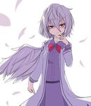  angel_wings arai_togami bow brooch dress feathers jacket jewelry kishin_sagume long_sleeves looking_at_viewer open_clothes open_jacket purple_dress red_eyes short_hair silver_hair single_wing solo touhou wings 