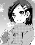  breath buttons coat gloves greyscale hair_ornament hairclip highres kantai_collection kuroshio_(kantai_collection) looking_at_viewer monochrome open_mouth scarf short_hair smile snow snowflakes solo steam takeshima_(nia) upper_body winter 