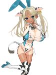  1girl absurdres animal_ear_hairband animal_ears animal_print aqua_eyes aqua_leotard aqua_nails aqua_shoes bell bfmelu bikini blonde_hair bow bowtie breasts buttons cow_ear_hairband cow_ears cow_girl cow_print cow_print_bikini cow_print_sleeves cow_print_thighhighs cow_tail cowbell dark-skinned_female dark_skin detached_collar detached_sleeves dot_nose ear_piercing ear_tag eyelashes fake_animal_ears fake_tail fang floating_hair foot_out_of_frame full_body gyaru hair_between_eyes hairband head_tilt high_heels highres huge_breasts inward_v layered_bikini layered_clothes leg_up leotard long_hair looking_at_viewer mole mole_under_eye nail_polish narrow_waist open_mouth original parted_bangs piercing playboy_bunny print_bikini print_bow print_bowtie print_sleeves print_thighhighs rabbit_ears see-through_clothes see-through_leotard shoes side-tie_bikini_bottom sidelocks simple_background skinny smile solo standing strapless strapless_leotard swimsuit tail tan tanlines thighhighs tongue translucent_bunnysuit twintails v white_background 
